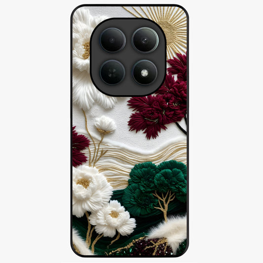 Radiant Bloom Elegance Glass Case showing flat back view with elegant blooming flower artwork and glossy glass finish.