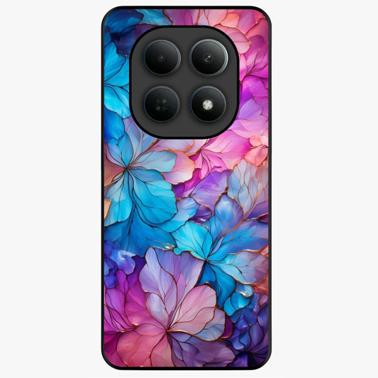 Radiant Floral Whirl Glass Case showing flat back view with swirling floral artwork and glossy glass finish.