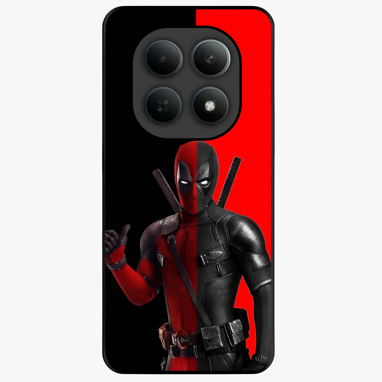 Red & Black Deadpool Theme Glass Case showing flat back view with bold comic inspired artwork and glossy glass finish.