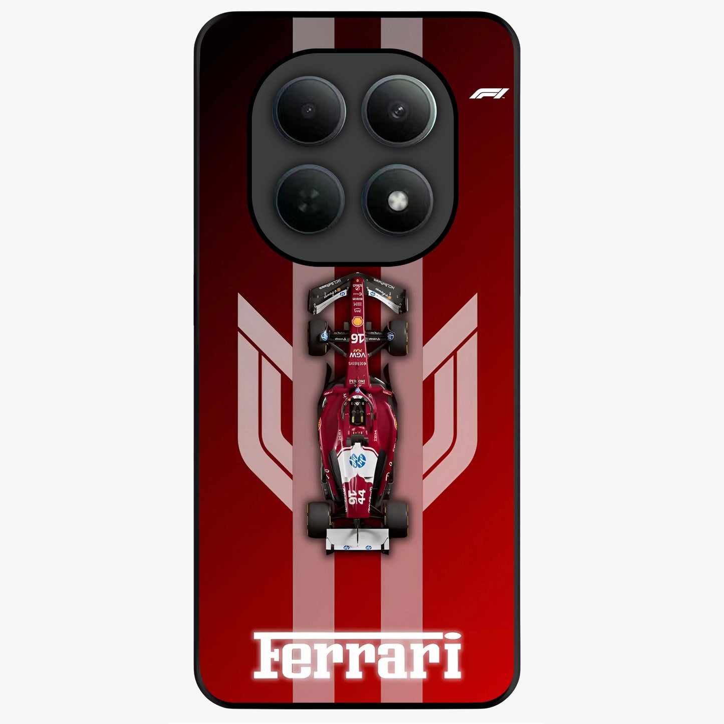 Red Ferrari F1 Vertical Glass Case showing flat back view with sleek Formula racing car artwork and glossy glass finish.