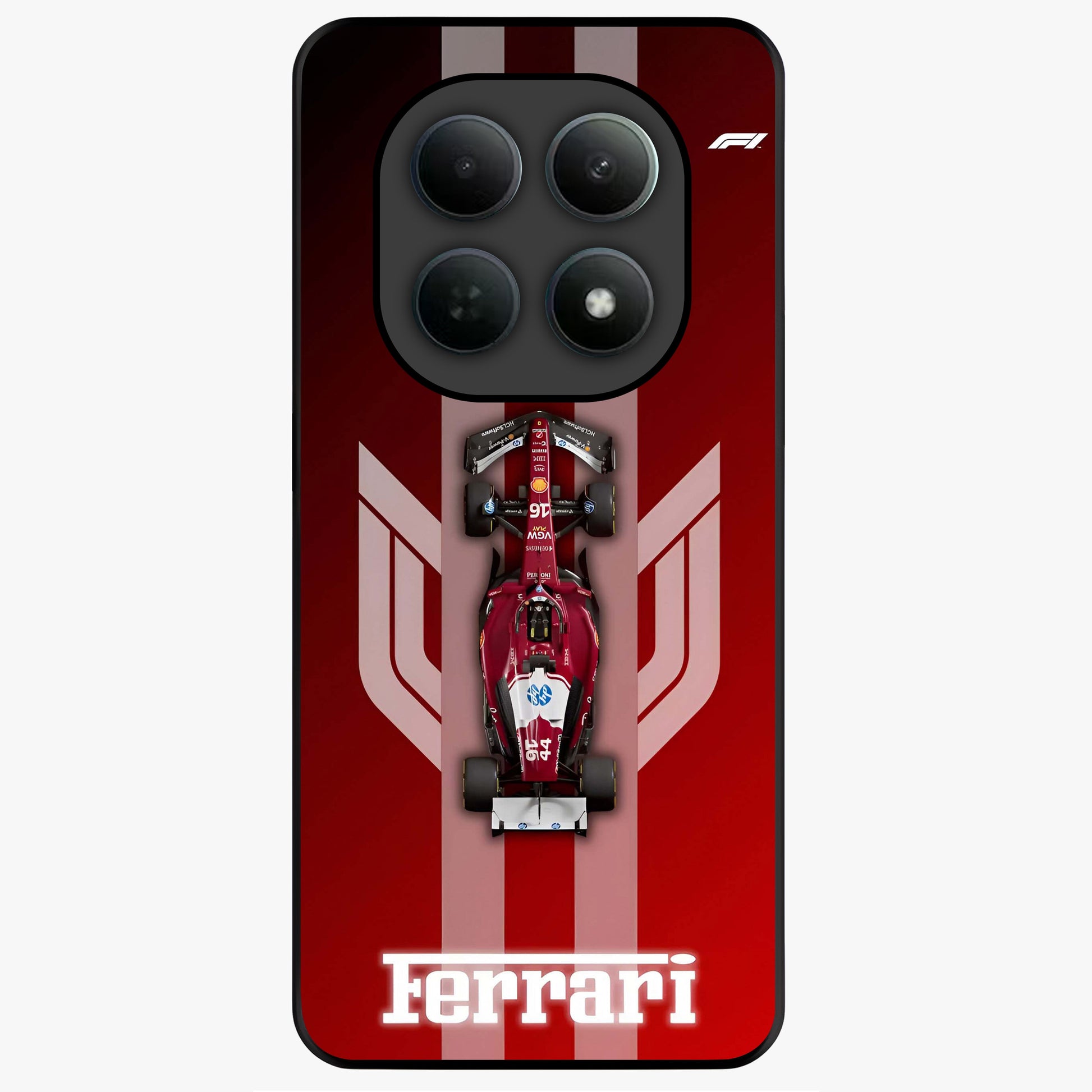 Red Ferrari F1 Vertical Glass Case showing flat back view with sleek Formula racing car artwork and glossy glass finish.
