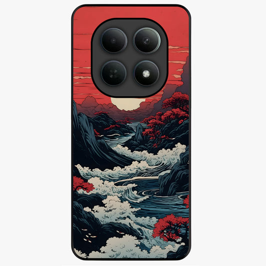Red Sunset Scenery Glass Case showing flat back view with vibrant sunset landscape artwork and glossy glass finish.