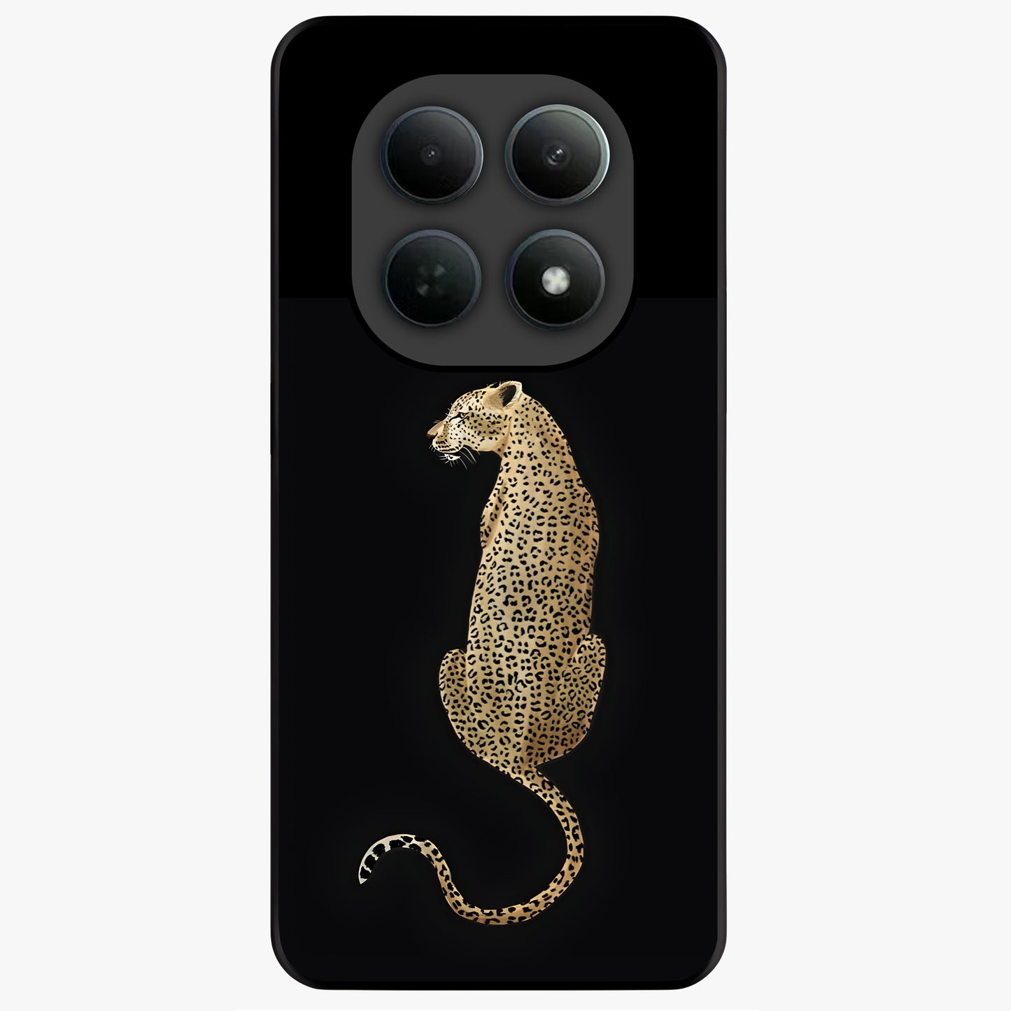 Regal Leopard Glass Case showing flat back view with bold leopard artwork and glossy glass finish.