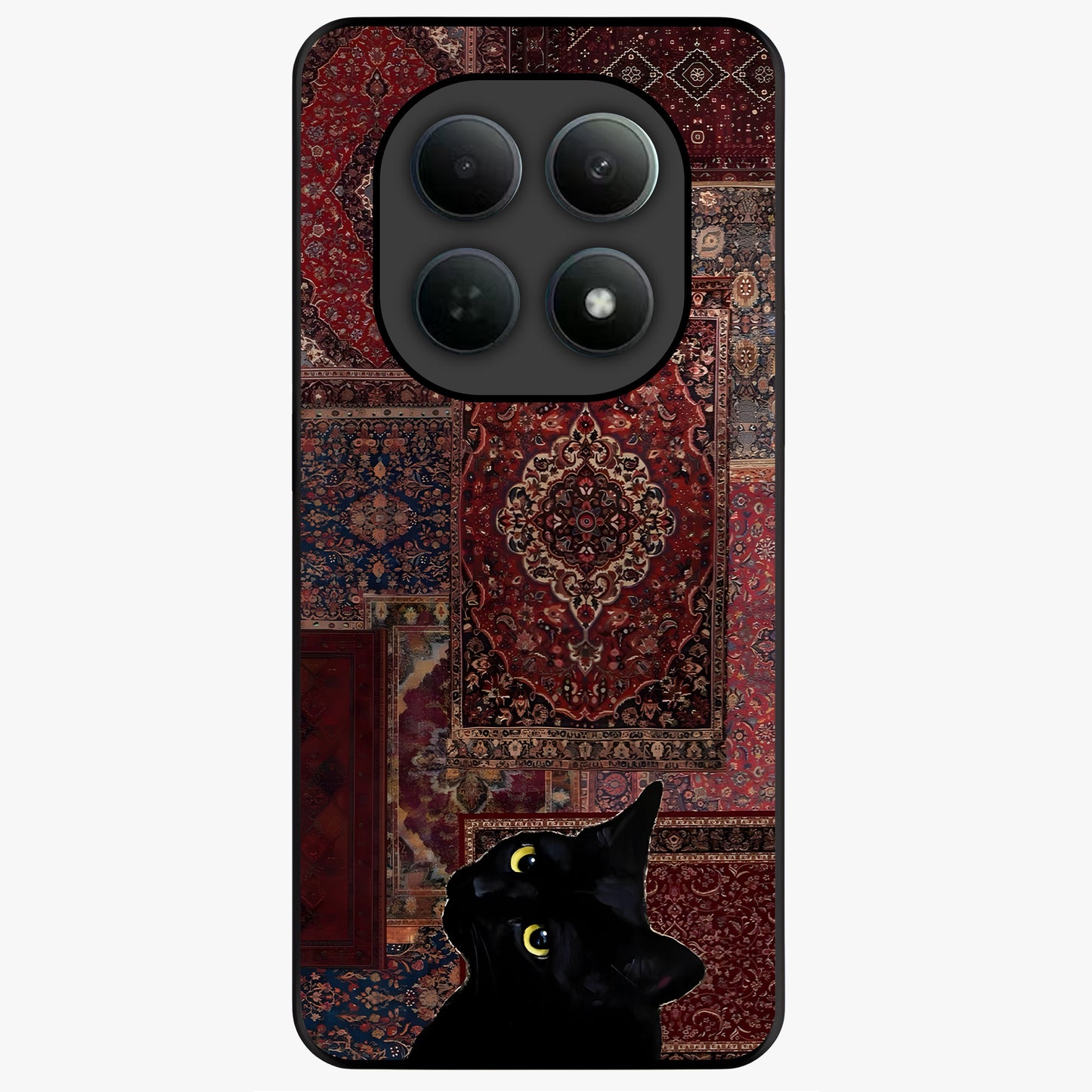 Regal Magic Cat Apple Glass Case showing flat back view with magical cat artwork holding apple and glossy glass finish.