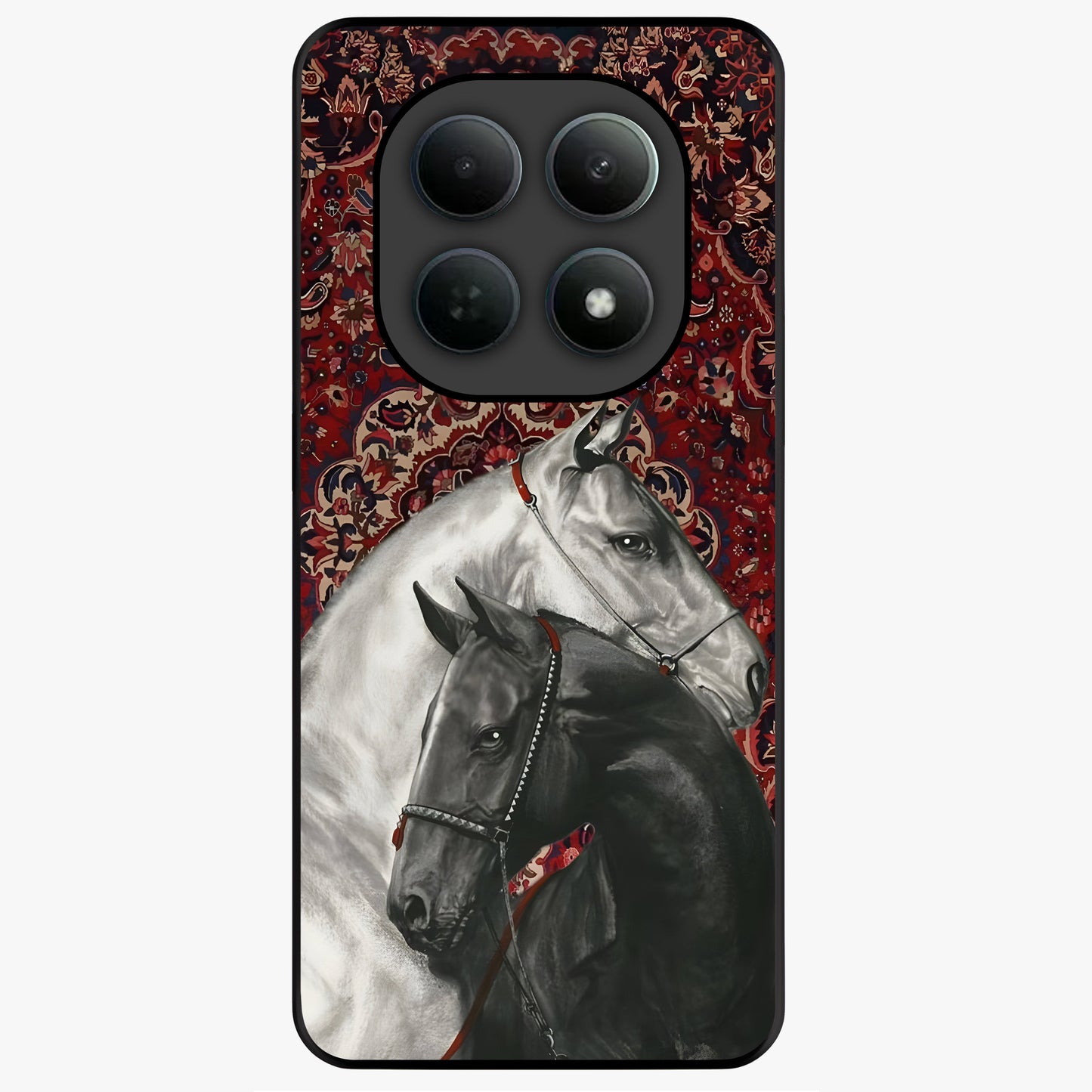 Regal Stallion Tapestry Glass Case showing flat back view with majestic horse tapestry artwork and glossy glass finish.