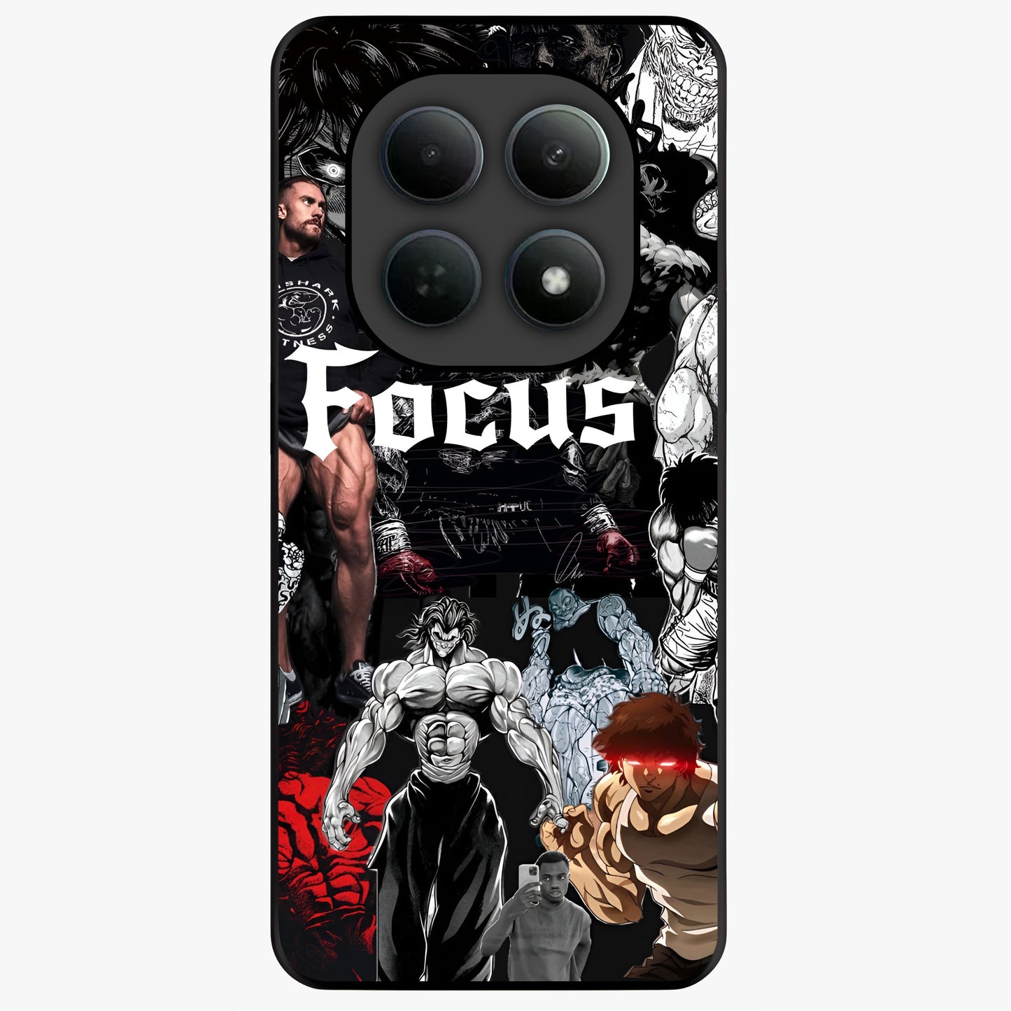 Relentless Power Focus Glass Case showing flat back view with motivational typography artwork and glossy glass finish.