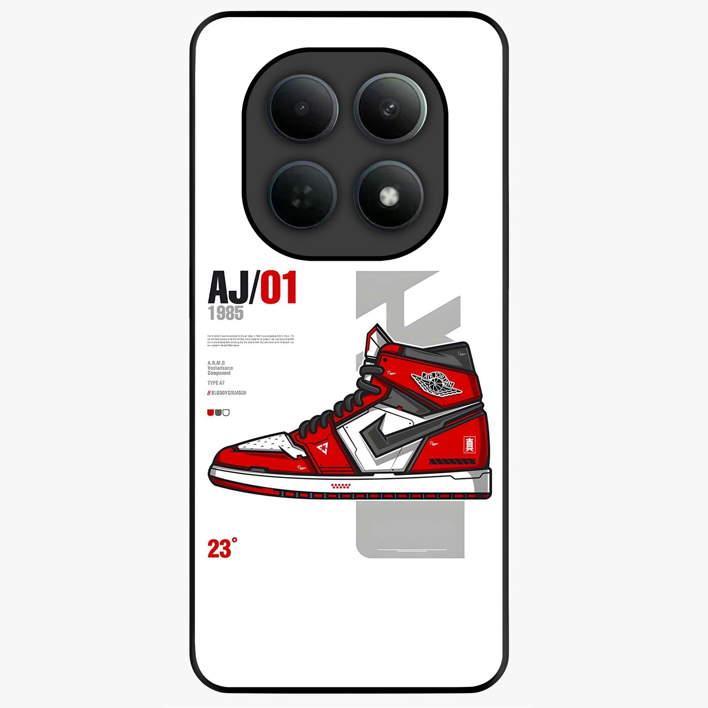 Retro Sneaker Blueprint Glass Case showing flat back view with sneaker blueprint style artwork and glossy glass finish.