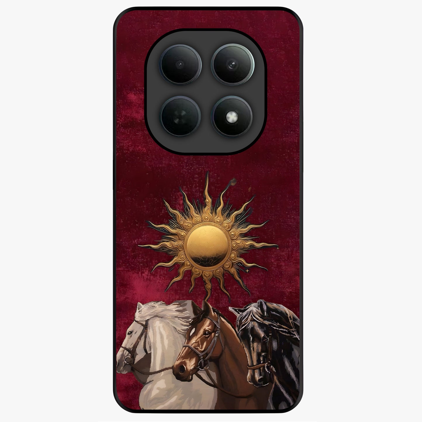 Solar Riders Glass Case showing flat back view with dynamic rider themed artwork and glossy glass finish.
