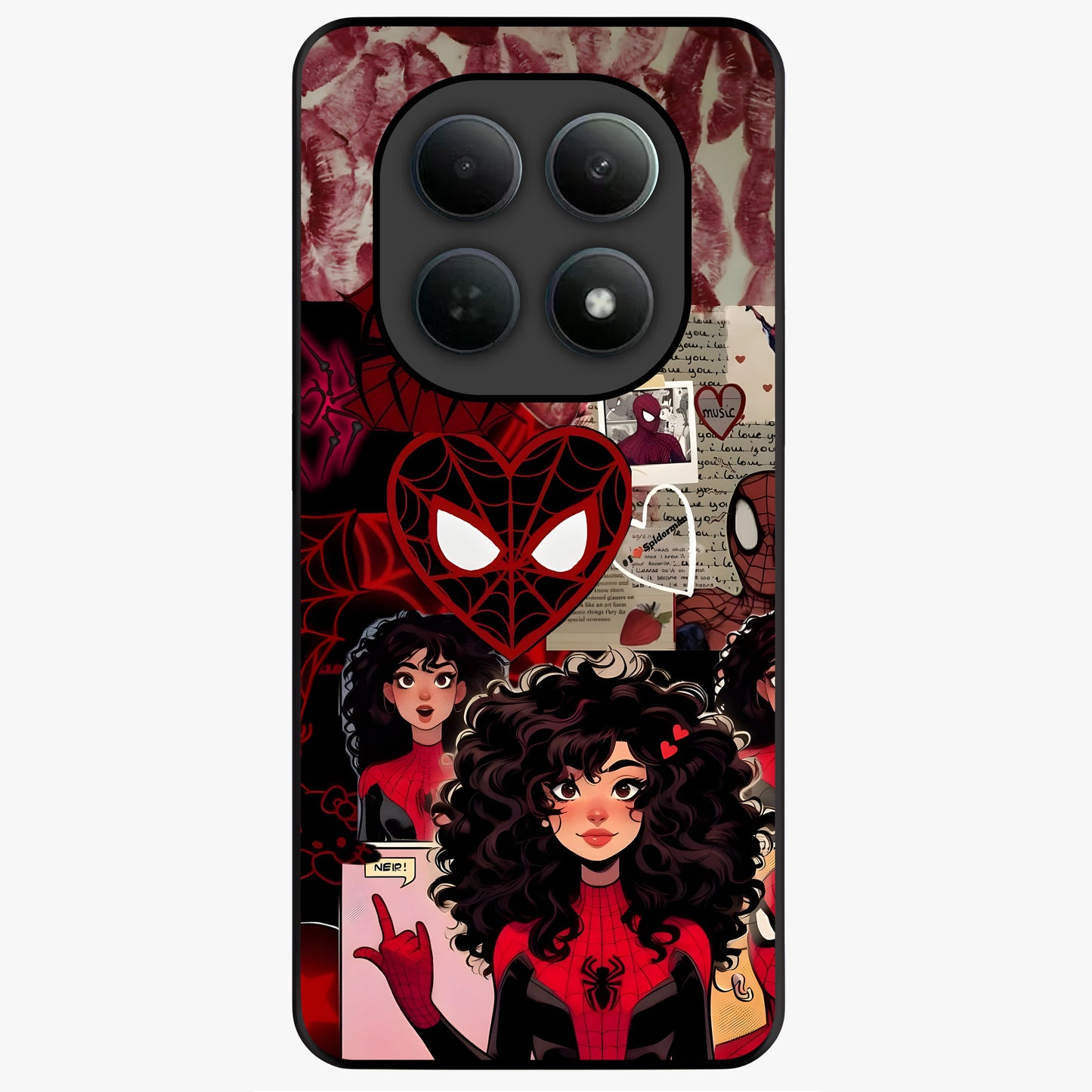Spider Love Story Glass Case showing flat back view with romantic superhero themed artwork and glossy glass finish.