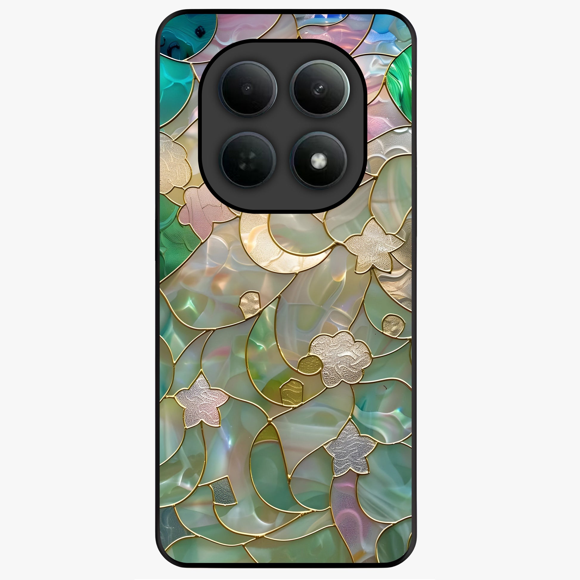 Stained Sunrise Glow Glass Case showing flat back view with glowing sunrise stained pattern artwork and glossy glass finish.