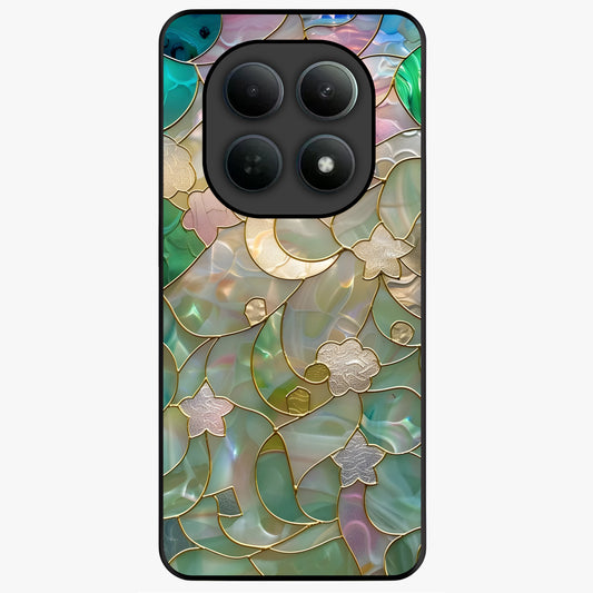 Stained Sunrise Glow Glass Case showing flat back view with glowing sunrise stained pattern artwork and glossy glass finish.