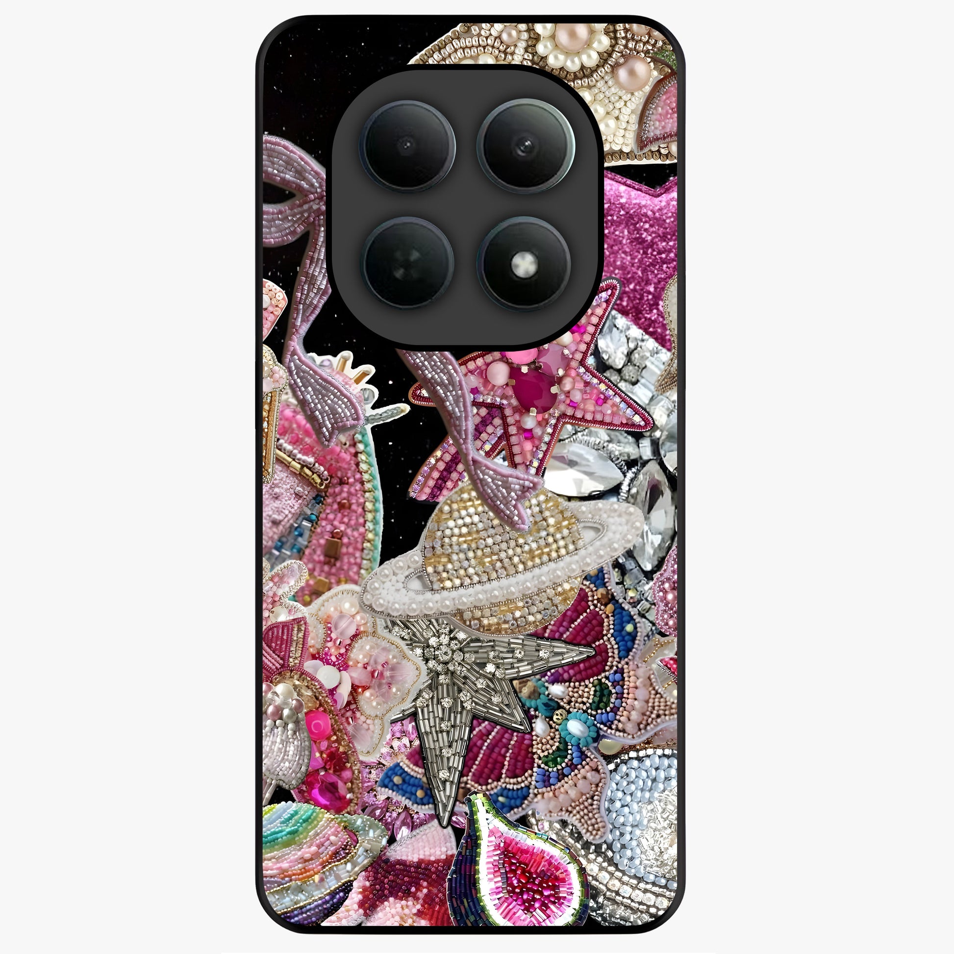 Starlit Jewel Dream Glass Case showing flat back view with sparkling jewel and star themed artwork and glossy glass finish.