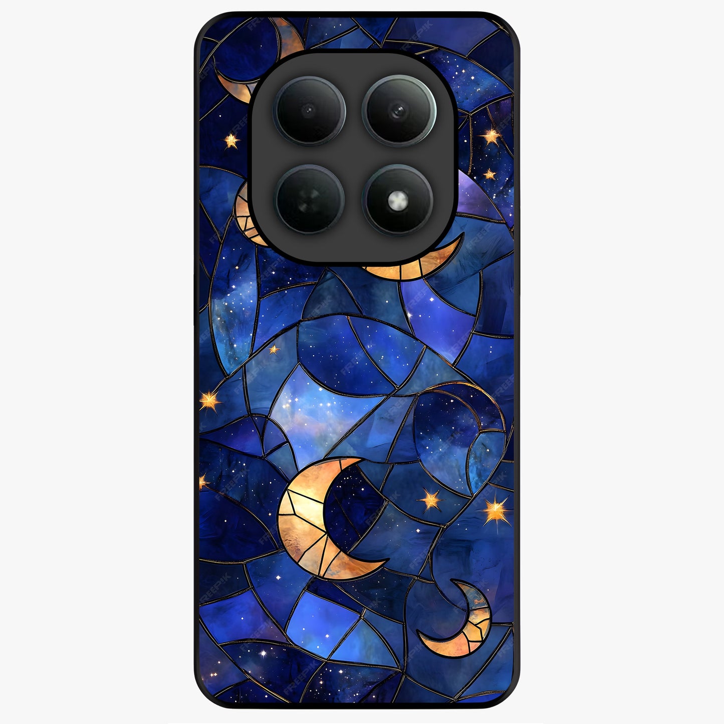 Starlit Sky Tapestry Glass Case showing flat back view with decorative starry sky tapestry artwork and glossy glass finish.