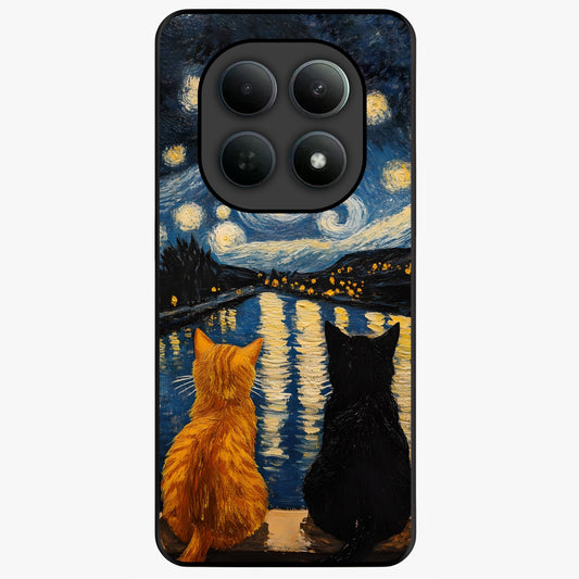 Starry River Cats Glass Case showing flat back view with cats by a starry river artwork and glossy glass finish.