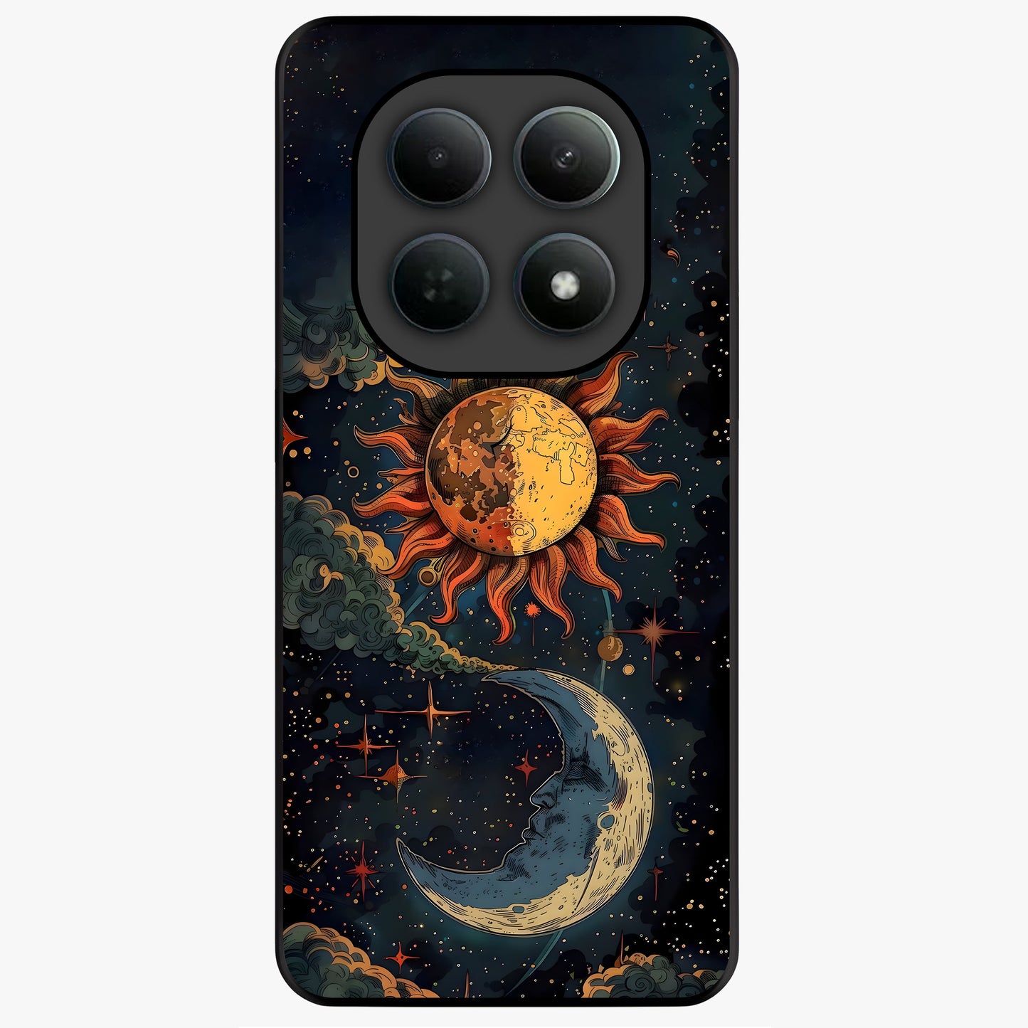 Sun And Moon Magic Design Glass Case showing flat back view with mystical sun and moon artwork and glossy glass finish.