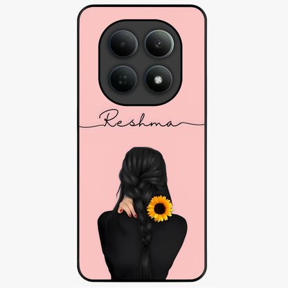 Sunflower Braid Beauty With Custom Name Glass Case showing flat back view with sunflower braid artwork and personalized name design.