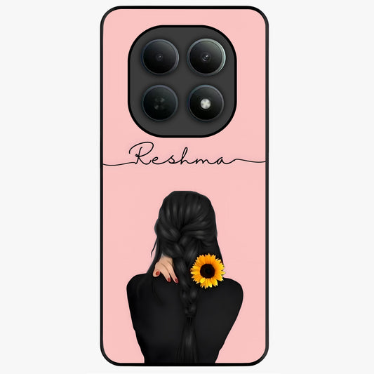 Sunflower Braid Beauty With Custom Name Glass Case showing flat back view with sunflower braid artwork and personalized name design.