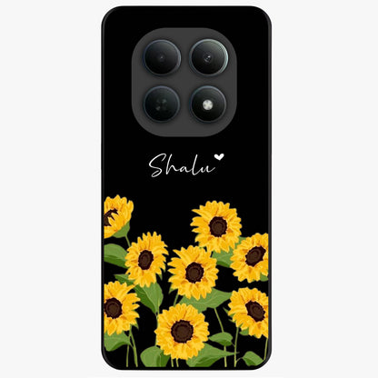 Sunflower Chic Mood Custom Name Glass Case showing flat back view with stylish sunflower artwork and personalized name design.