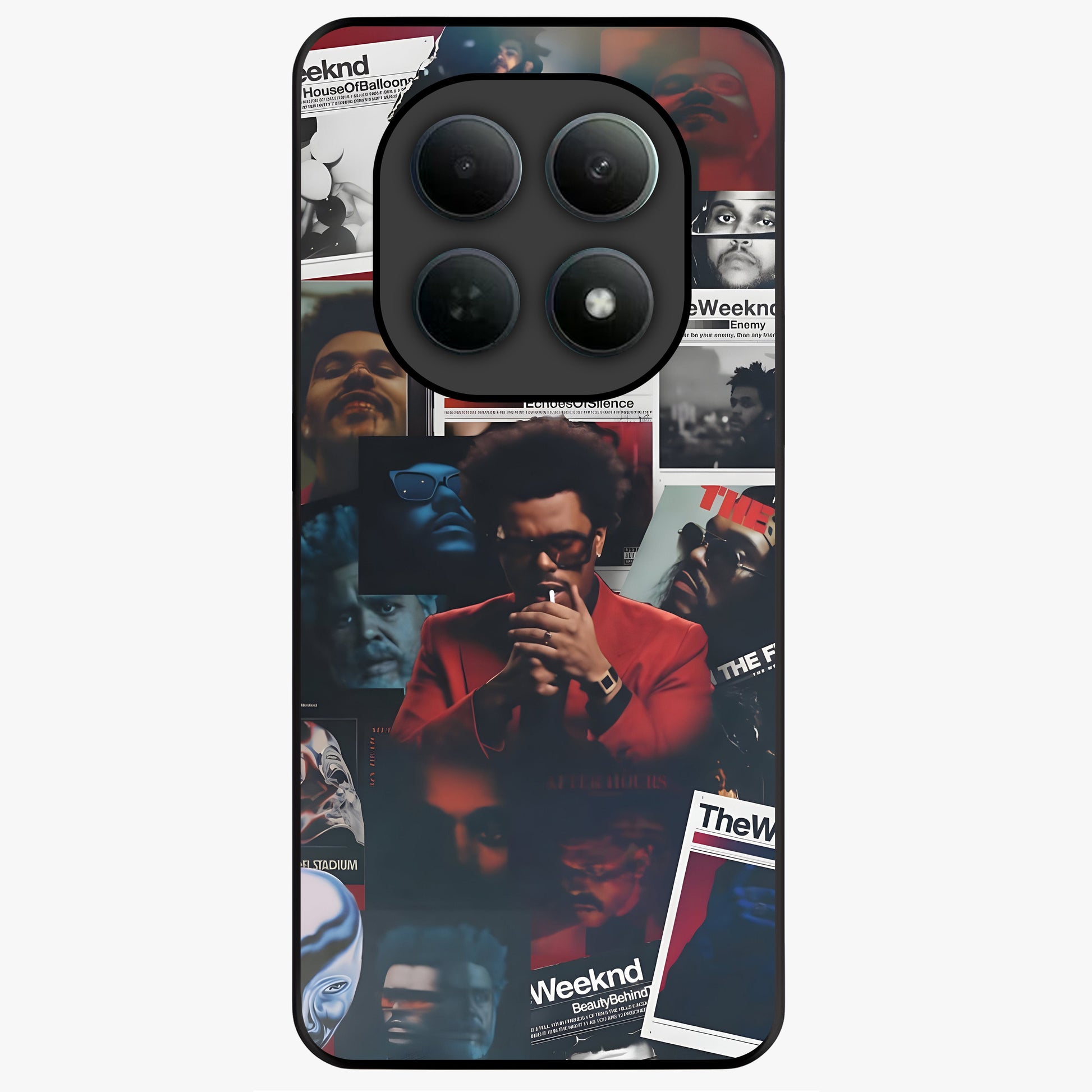 The Weeknd Glass Case showing flat back view with music inspired artistic portrait artwork and glossy glass finish.