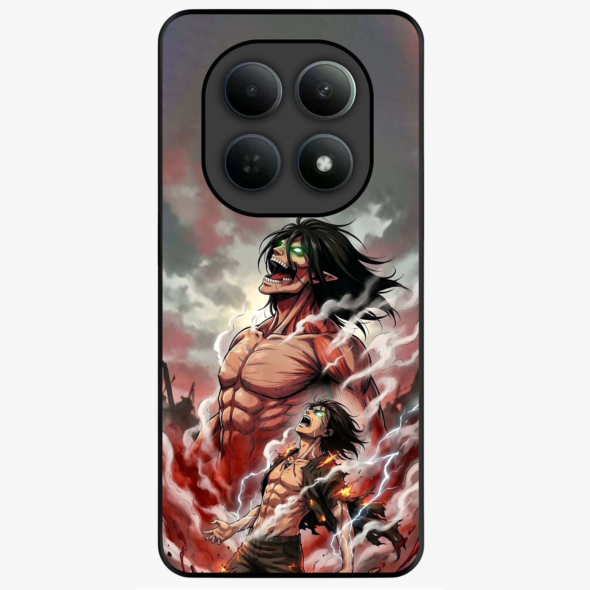 Titan Awakening Fury Glass Case showing flat back view with powerful titan inspired artwork and glossy glass finish.