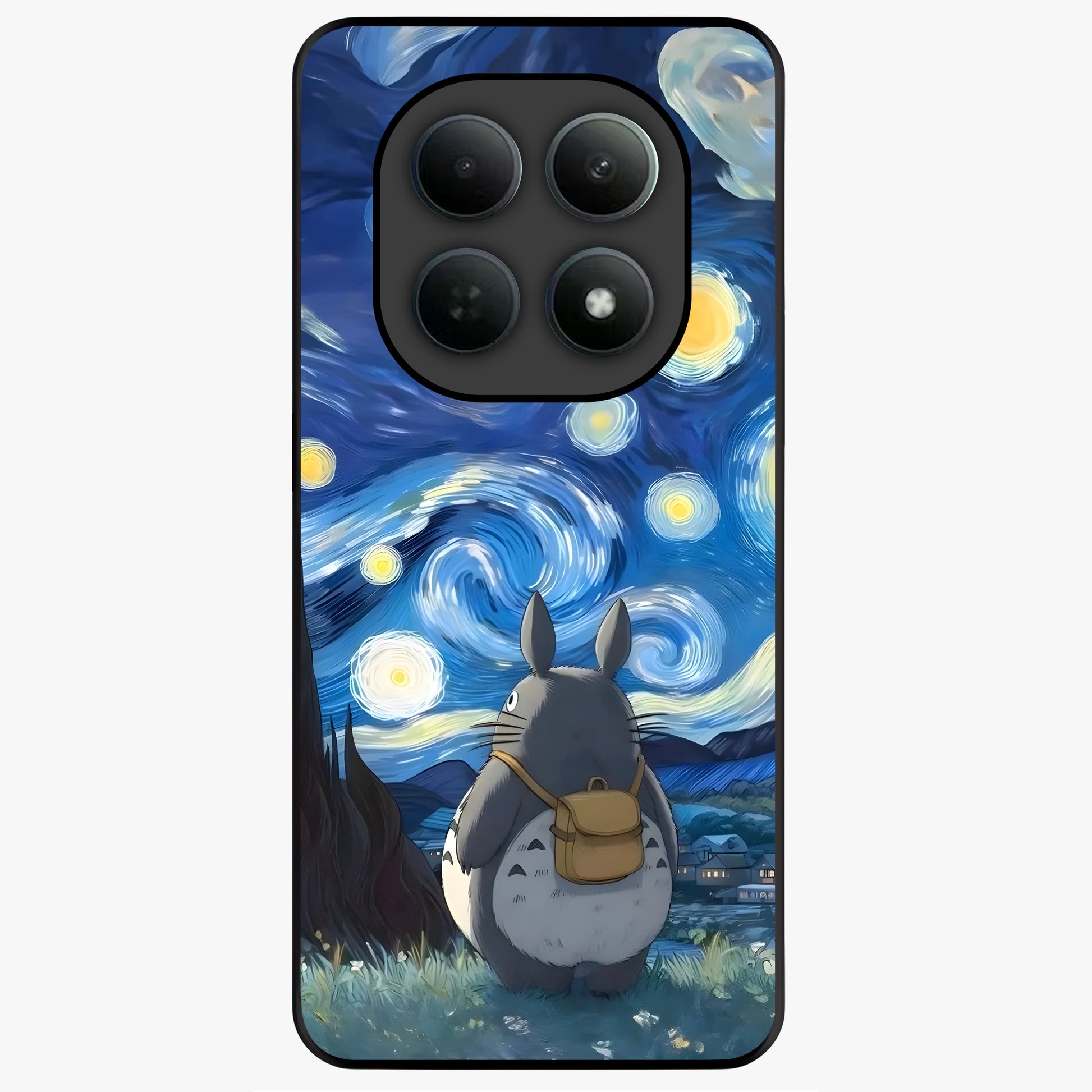 Totoro In Van Gogh Art Glass Case showing flat back view with whimsical character artwork inspired by Van Gogh style and glossy glass finish.