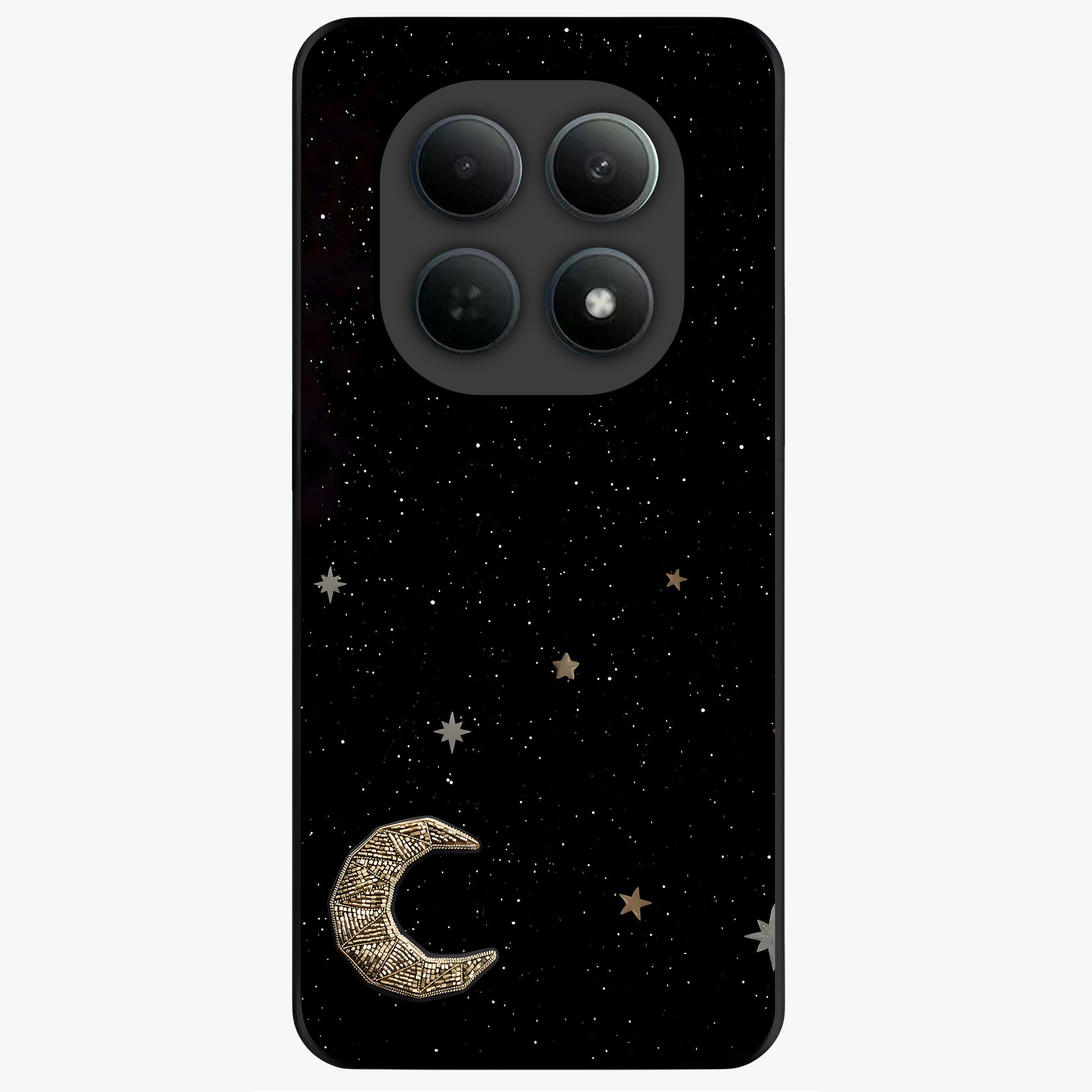 Twinkle Star With Half Moon Glass Case showing flat back view with star and half moon artwork and glossy glass finish.