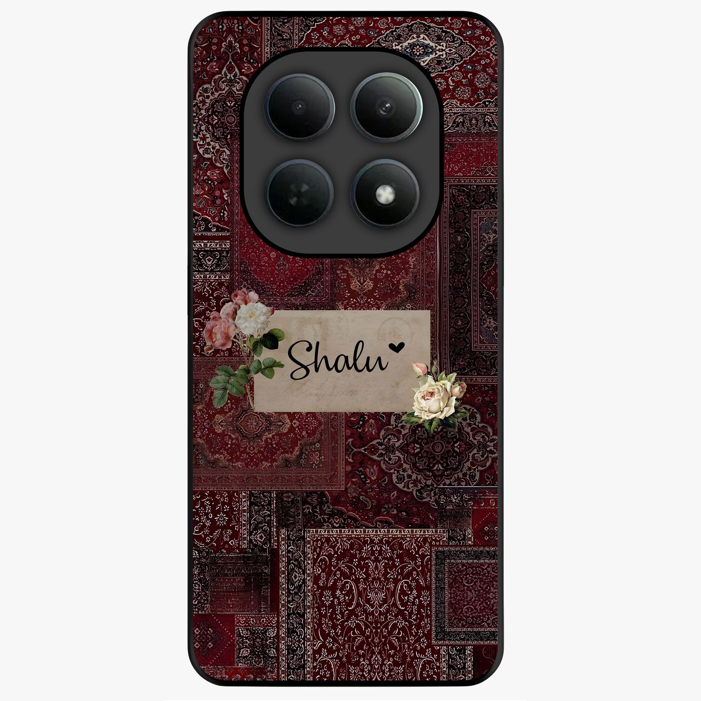Velvet Wine Pattern Custom Name Glass Case showing flat back view with elegant wine colored pattern artwork and personalized name design.