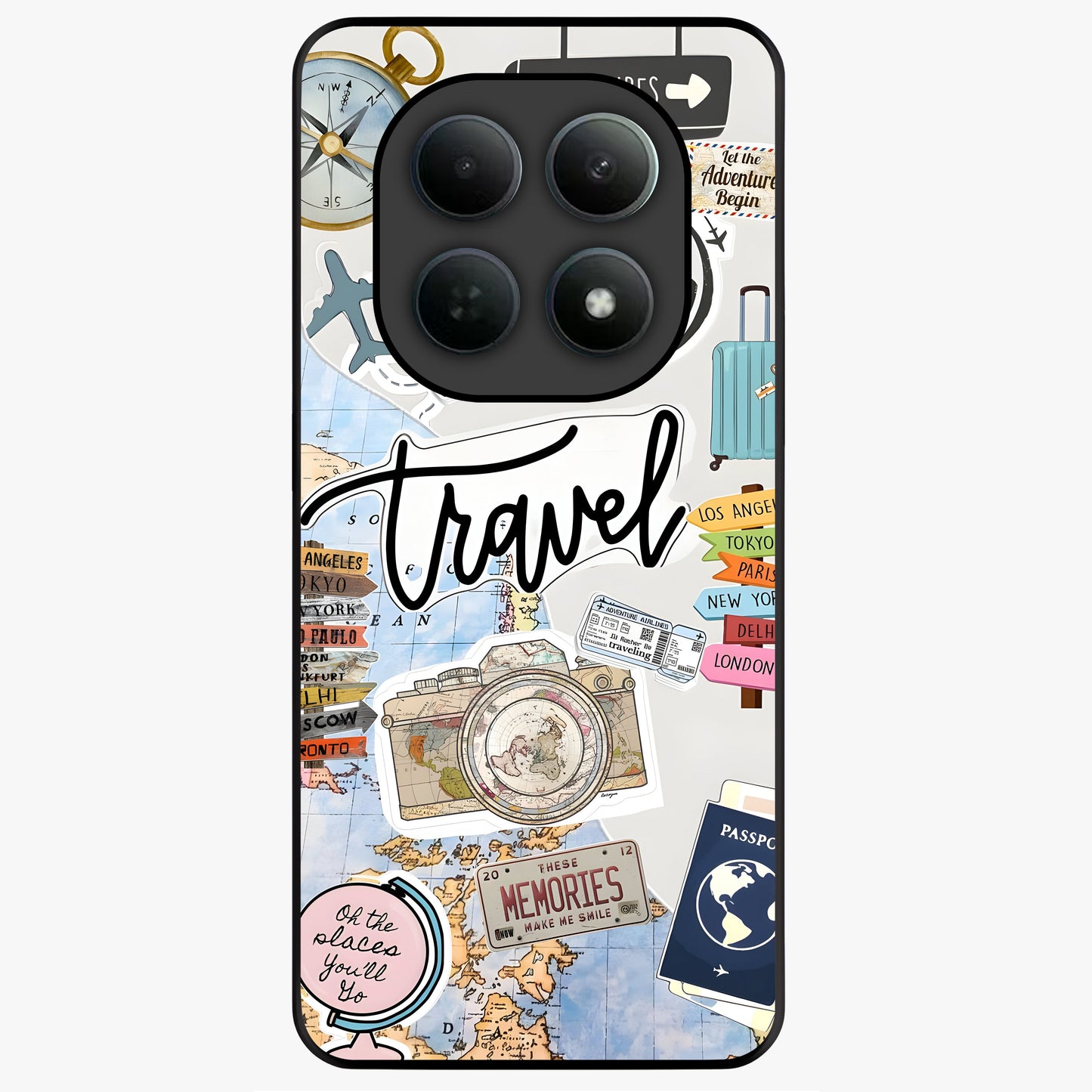 Wanderlust Journal Glass Case showing flat back view with travel inspired artwork and glossy glass finish.