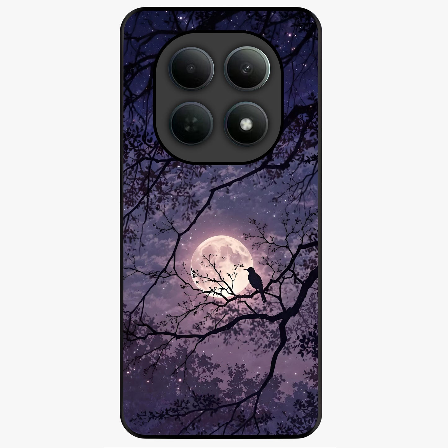 Whispering Moon Silence Glass Case showing flat back view with serene moon themed artwork and glossy glass finish.