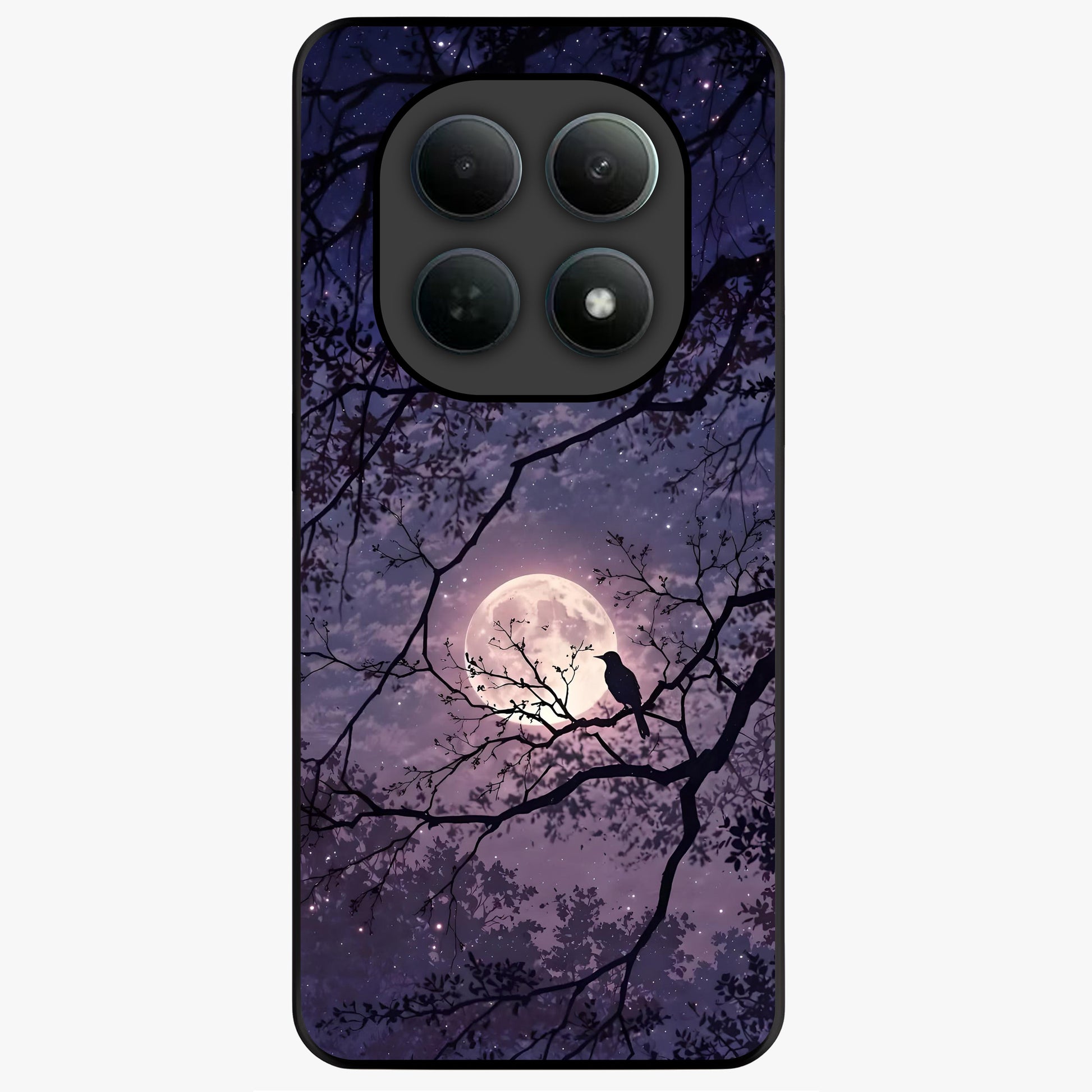 Whispering Moon Silence Glass Case showing flat back view with serene moon themed artwork and glossy glass finish.