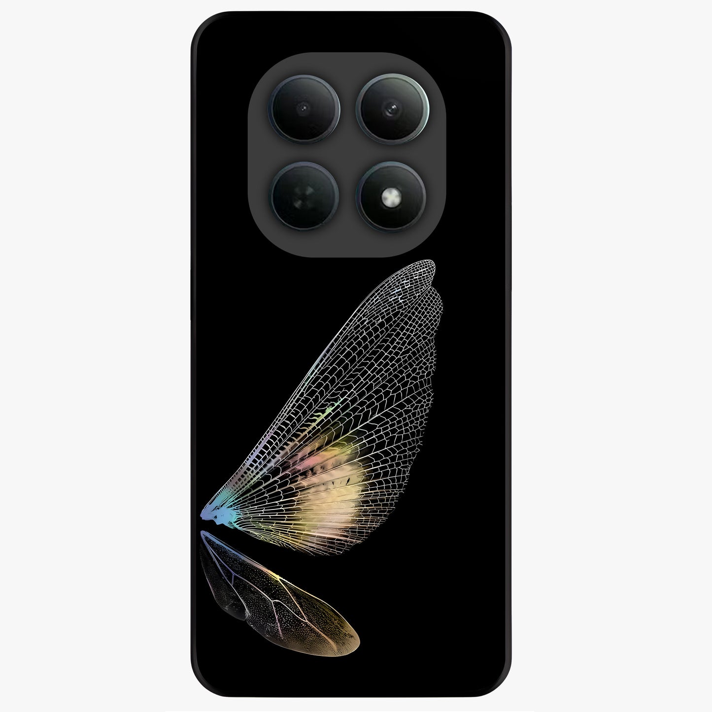 Whispers Of Wings Glass Case showing flat back view with graceful wing inspired artwork and glossy glass finish.