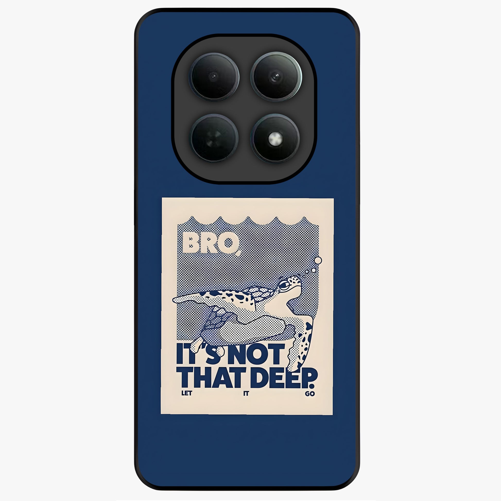Worry Less Swim Glass Case showing flat back view with playful motivational artwork and glossy glass finish.