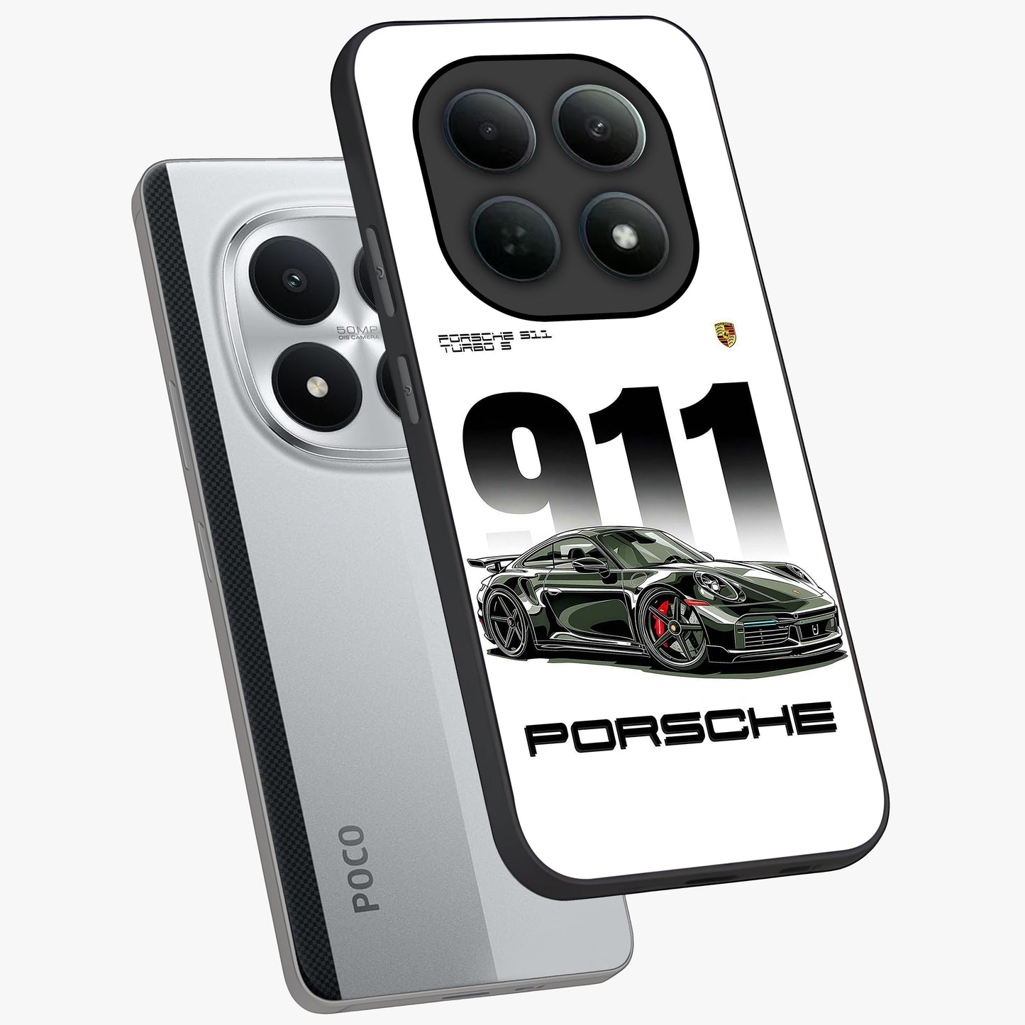 911 Turbo Dominance Glass Case displayed in premium angled mockup highlighting sporty car illustration and sleek glass surface.
