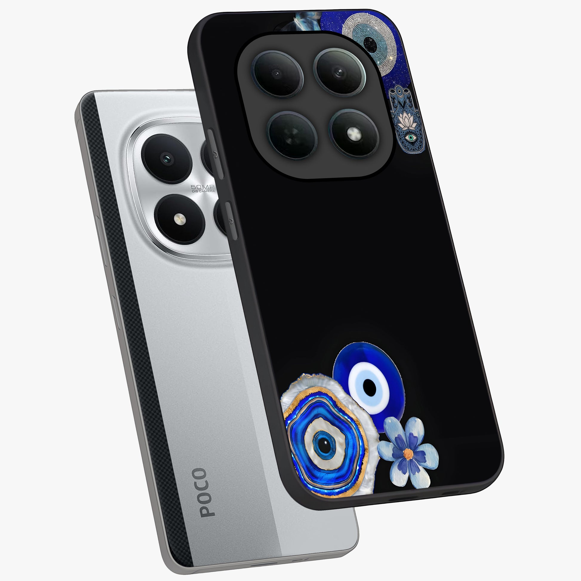 Aesthetic Blue Evil Eye Glass Case displayed in angled mockup highlighting blue evil eye symbol and spiritual aesthetic design.