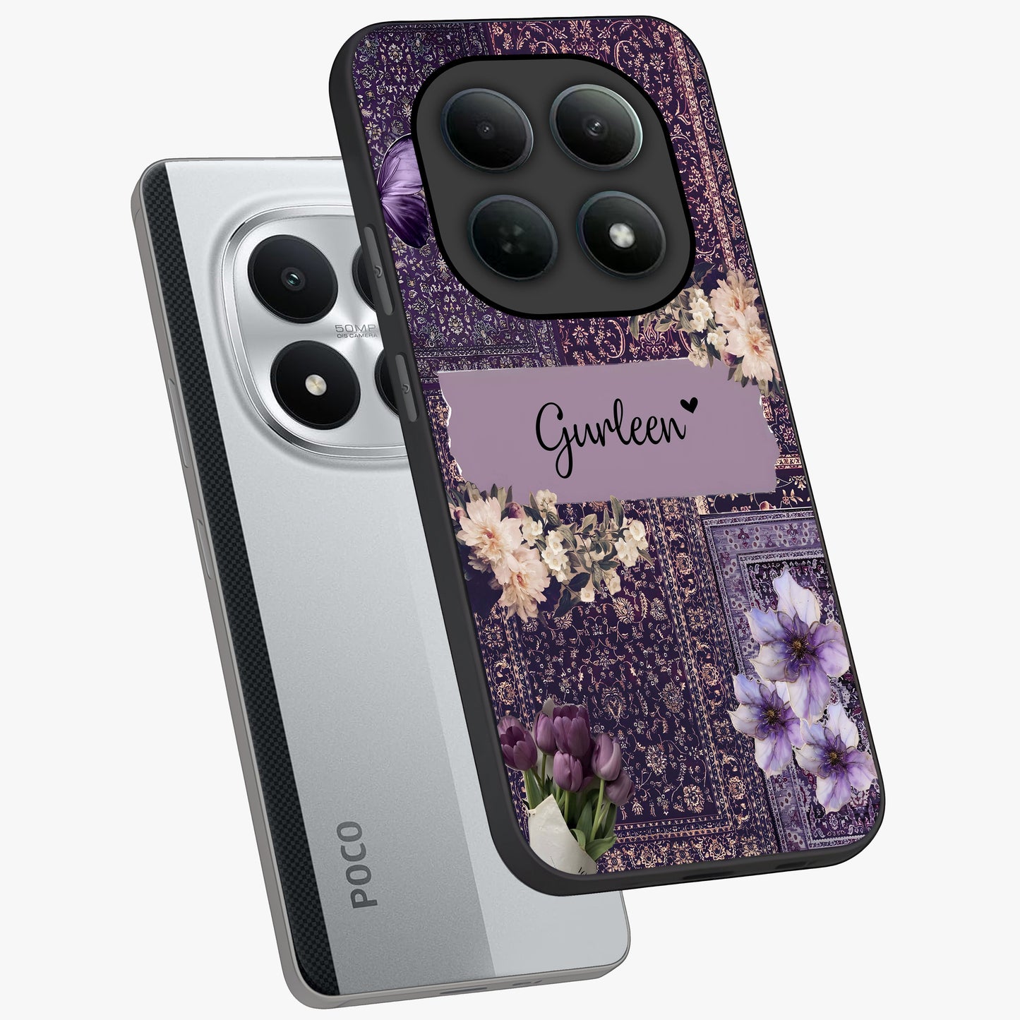 Antique Floral Whisper Custom Name Glass Case displayed in angled mockup highlighting elegant antique floral aesthetic.