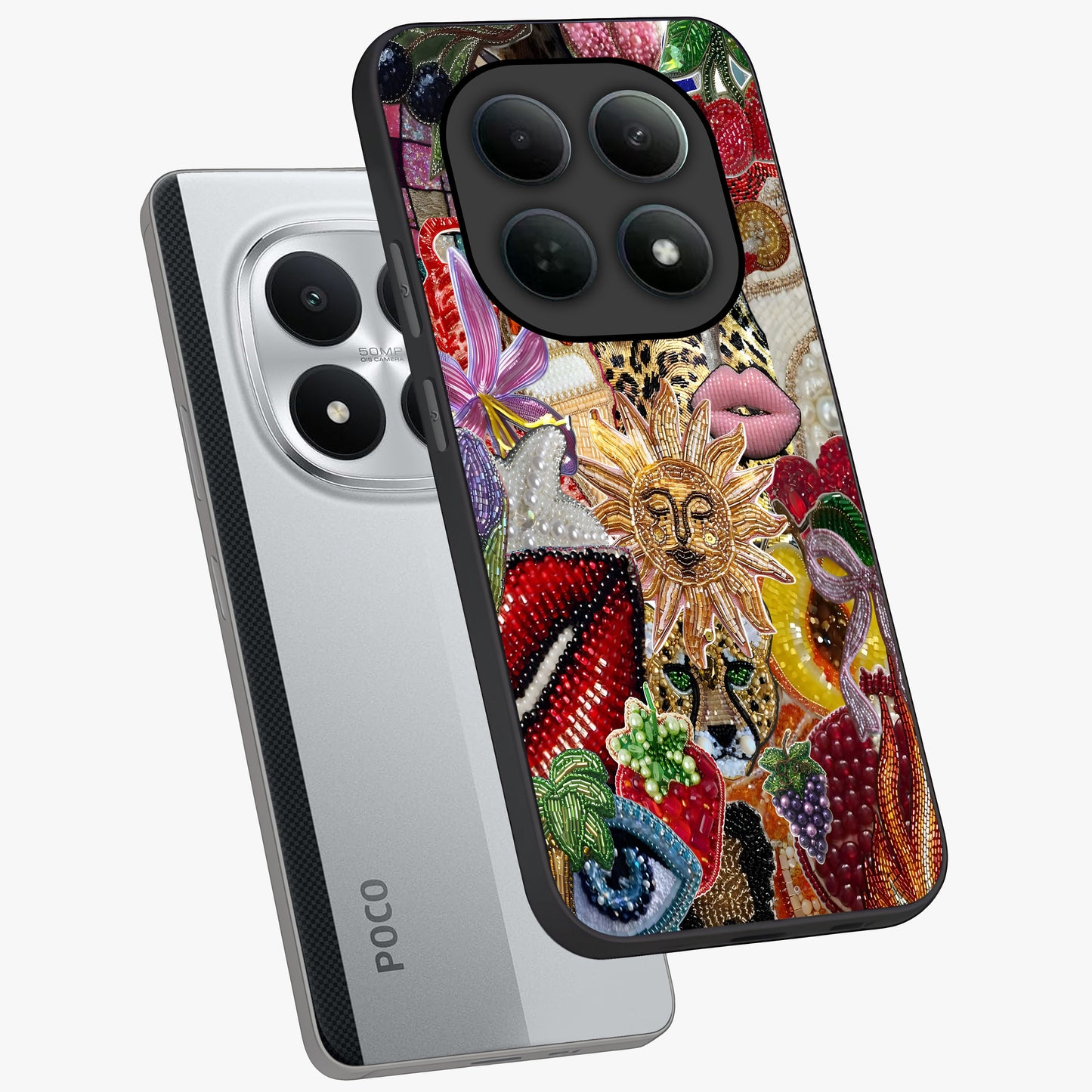 Beaded Fashion Jungle Glass Case displayed in angled mockup highlighting colorful fashion bead design and artistic pattern.