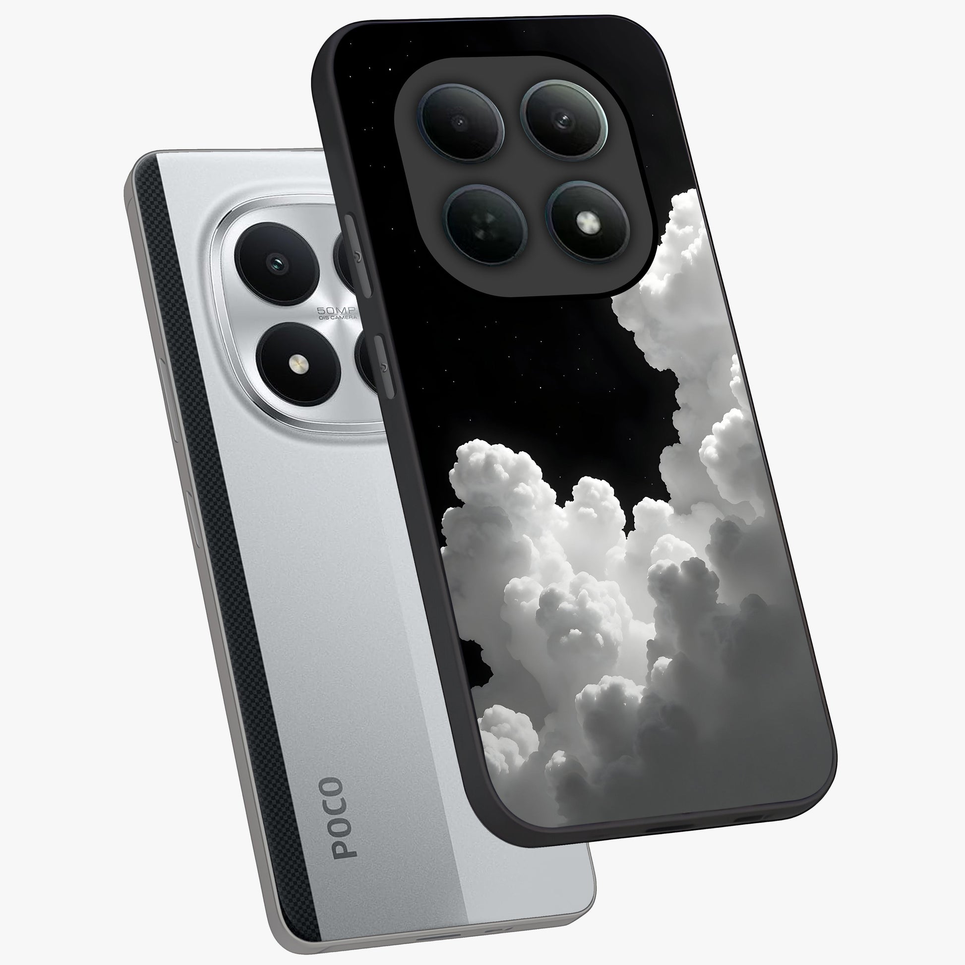 Black Background With White Cloud Glass Case displayed in angled mockup highlighting soft white cloud illustration and minimal design.