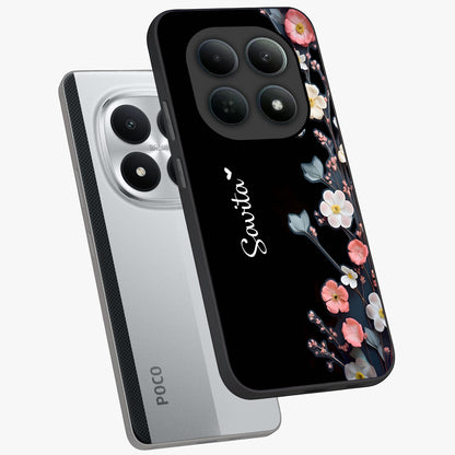 Black Elegance Floral Custom Name Glass Case displayed in angled mockup highlighting dark floral aesthetic and custom name feature.