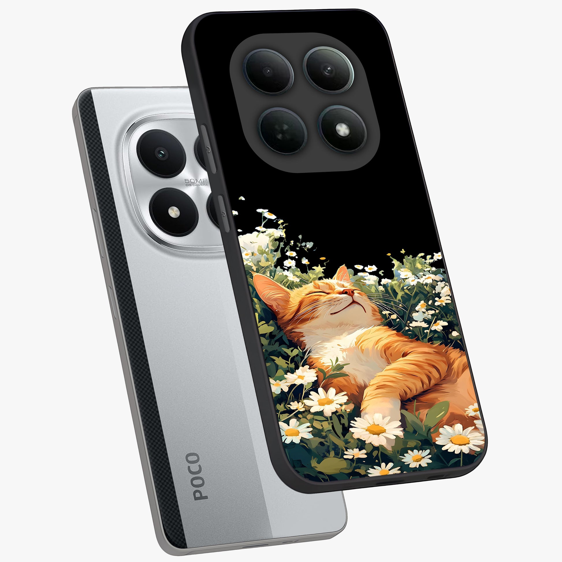Blissful Bloom Cat Glass Case displayed in angled mockup highlighting playful feline illustration with soft floral aesthetic.