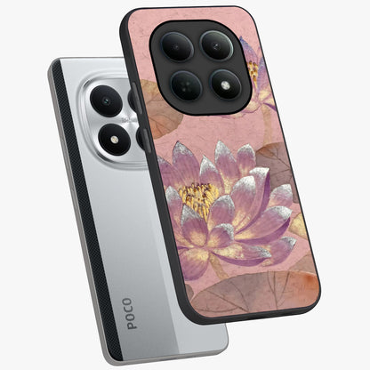 Blossom Mist Lotus Glass Case displayed in angled mockup highlighting delicate lotus illustration with calm aesthetic theme.