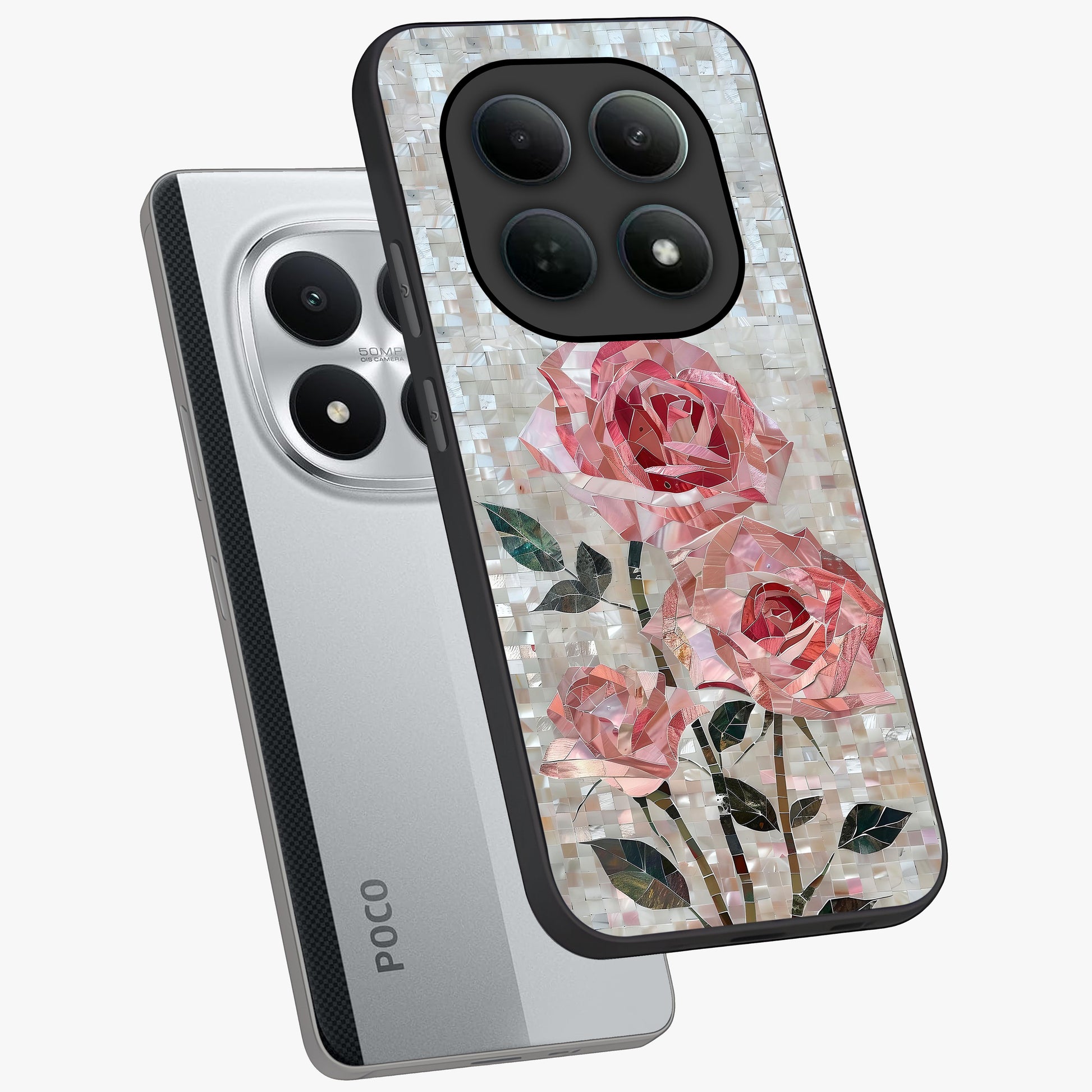 Blush Mosaic Bloom Glass Case displayed in angled mockup highlighting artistic mosaic flower pattern with aesthetic design.