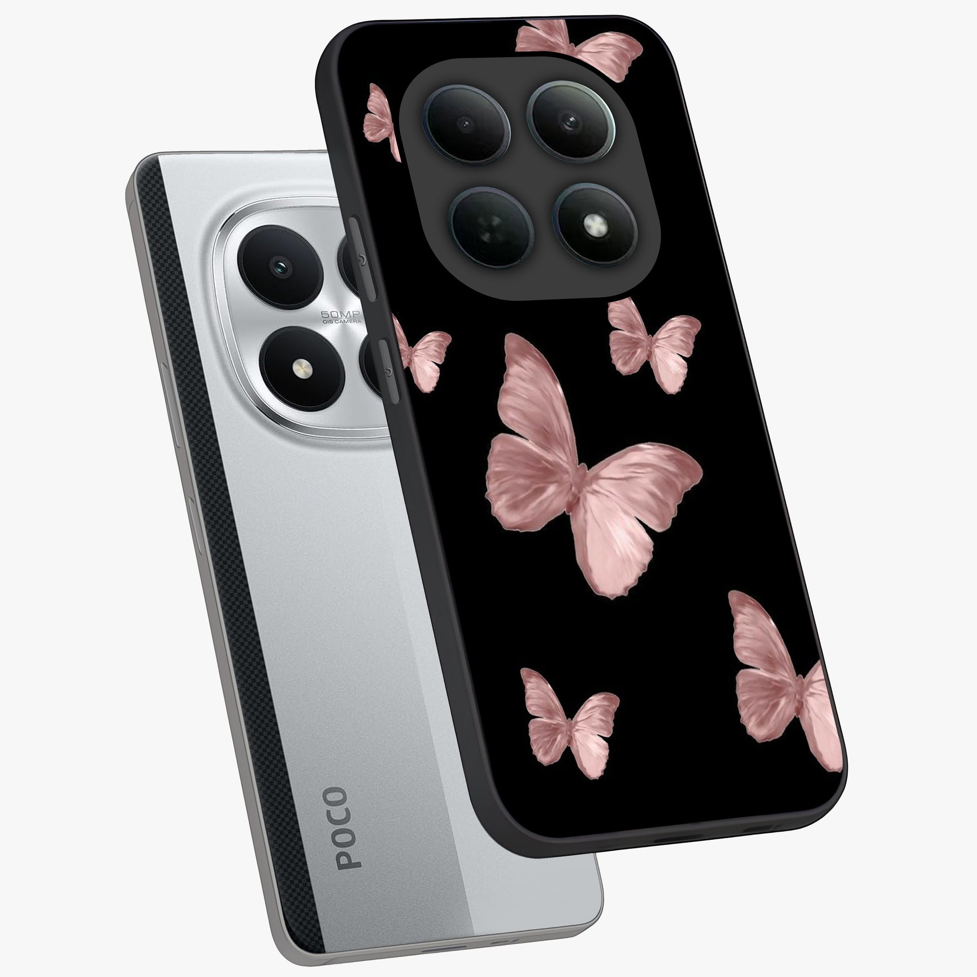 Butterfly Pattern Glass Case displayed in angled mockup highlighting delicate butterfly design and aesthetic pattern style.