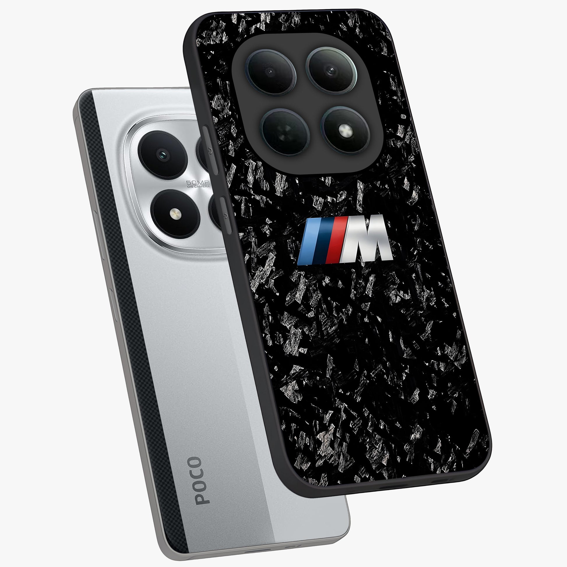 Carbon Speed Mark Glass Case displayed in angled mockup highlighting racing inspired carbon design and sleek aesthetic style.