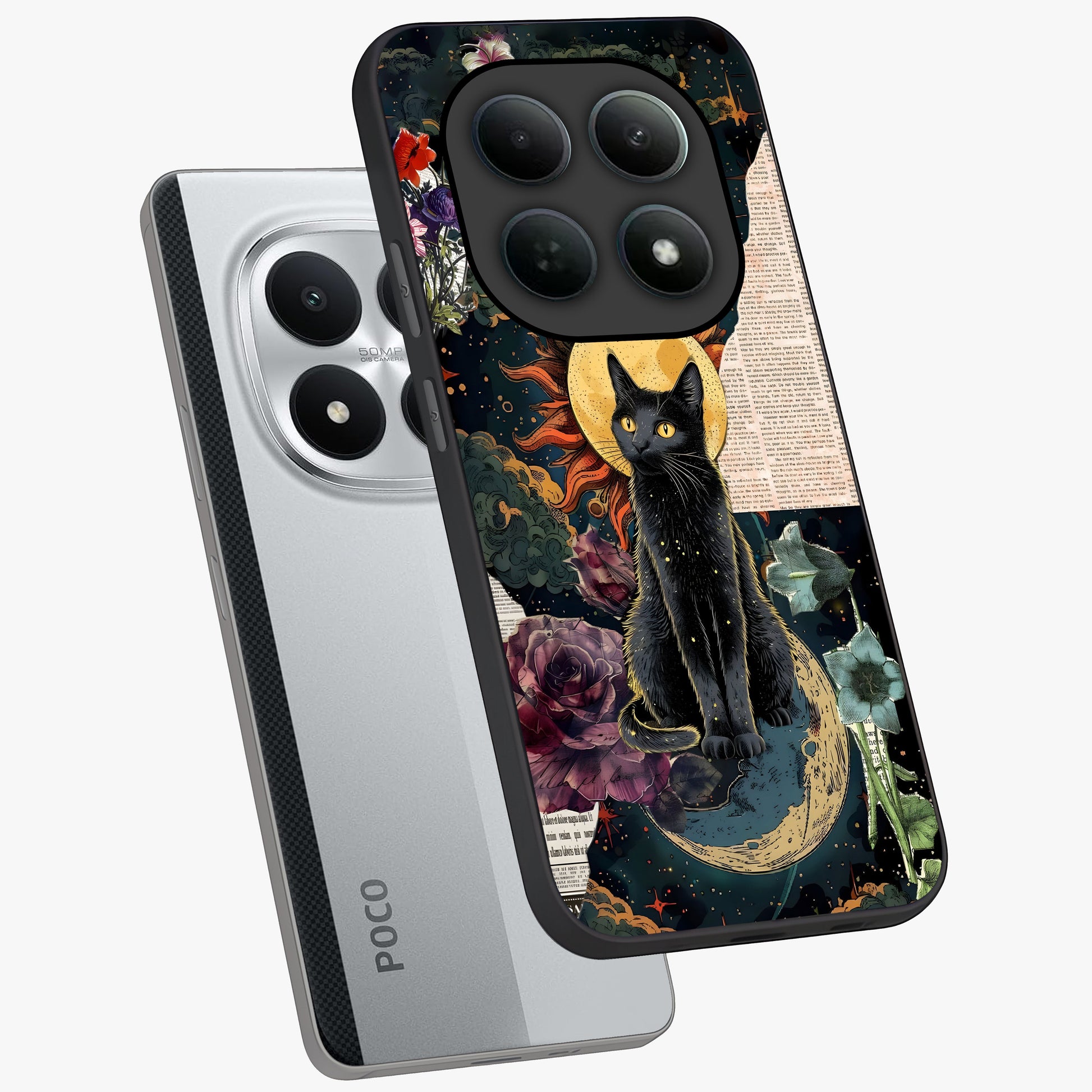 Celestial Black Cat Glass Case displayed in angled mockup highlighting cosmic black cat design with celestial aesthetic.