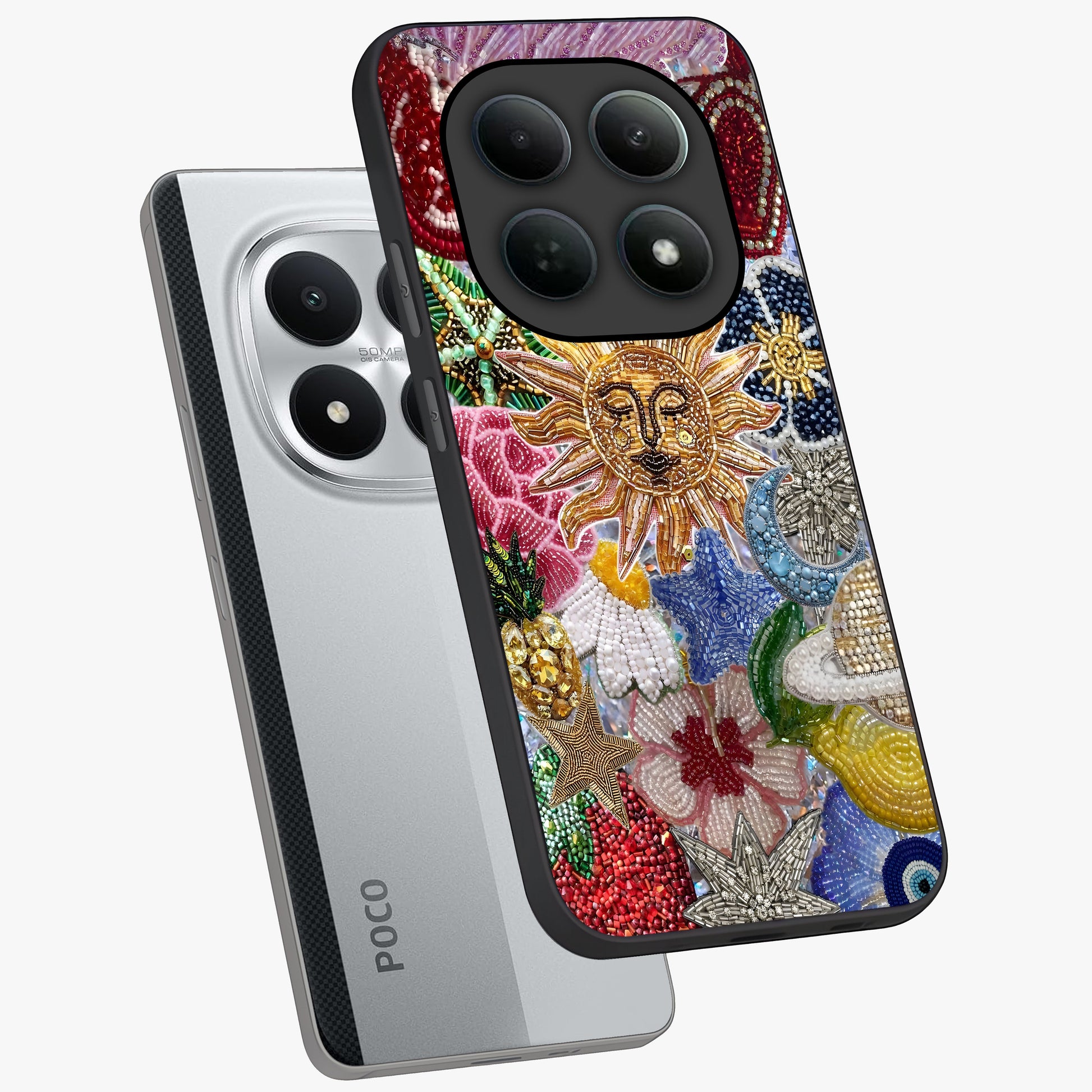 Celestial Floral and Playful Glass Case displayed in angled mockup highlighting playful floral design with dreamy celestial elements.