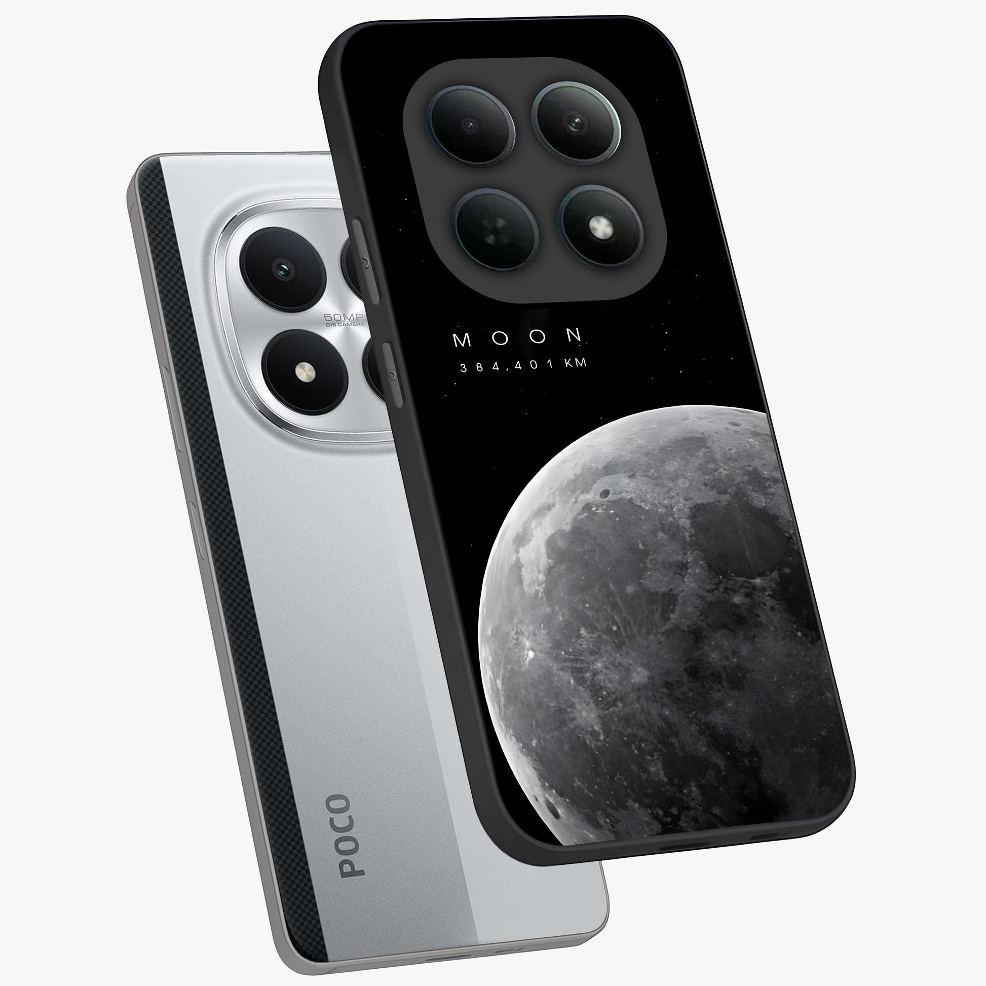 Cosmic Moon Glow Glass Case displayed in angled mockup highlighting celestial moon design with cosmic aesthetic theme.