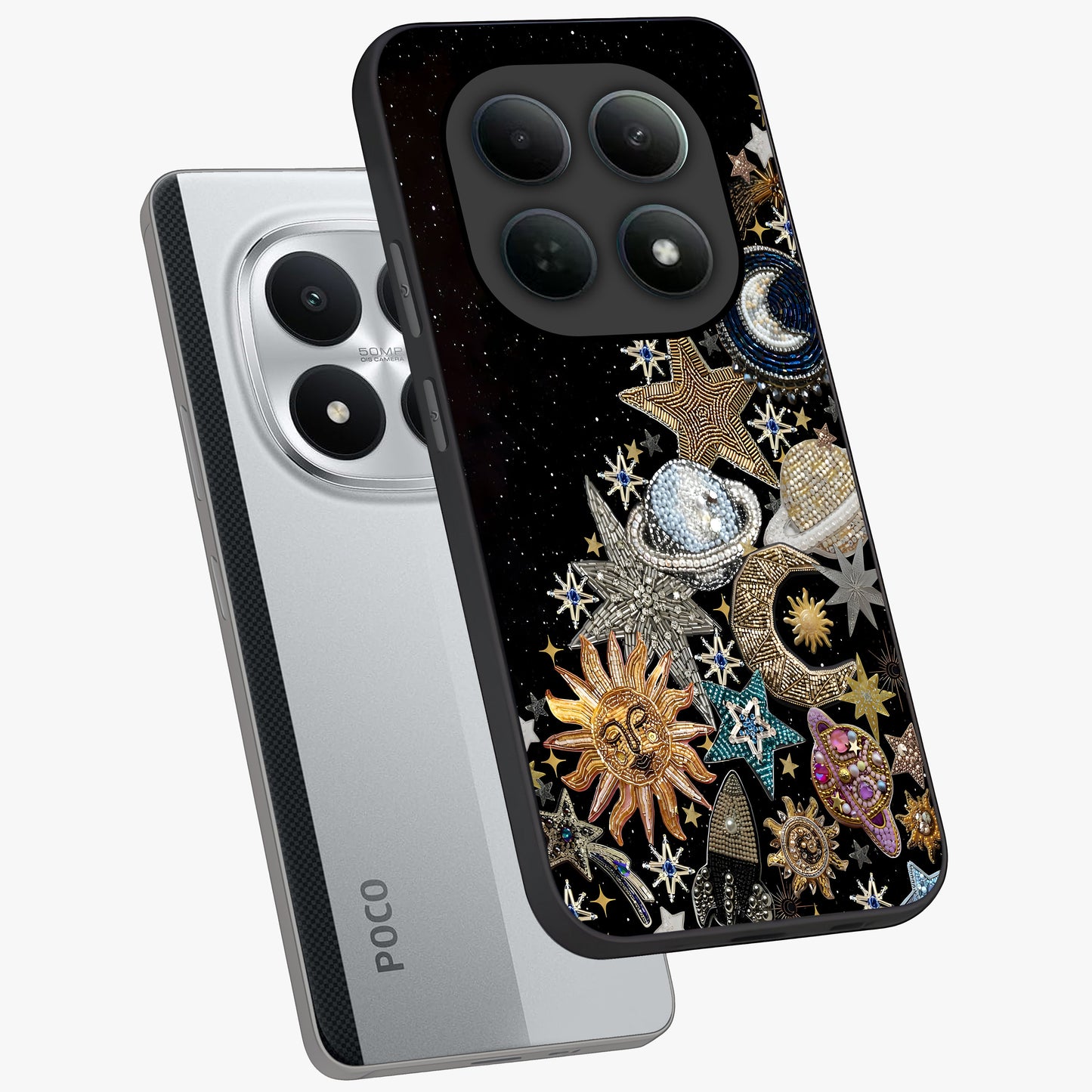 Cosmic Sparkle Dreams Glass Case displayed in angled mockup highlighting dreamy star sparkle design with celestial aesthetic.