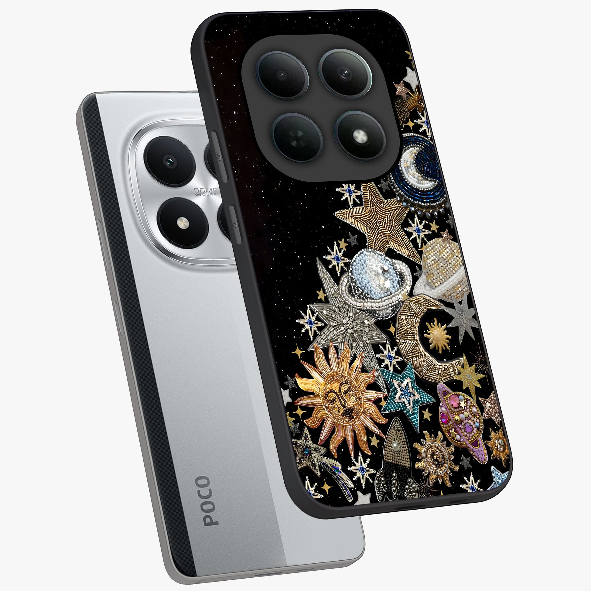 Cosmic Sparkle Dreams Glass Case displayed in angled mockup highlighting dreamy star sparkle design with celestial aesthetic.