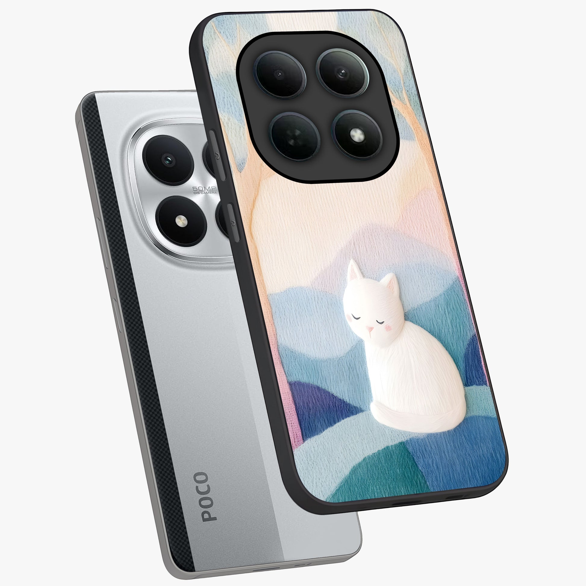 Cotton Dream Cat Glass Case displayed in angled mockup highlighting cute feline illustration with pastel aesthetic style.