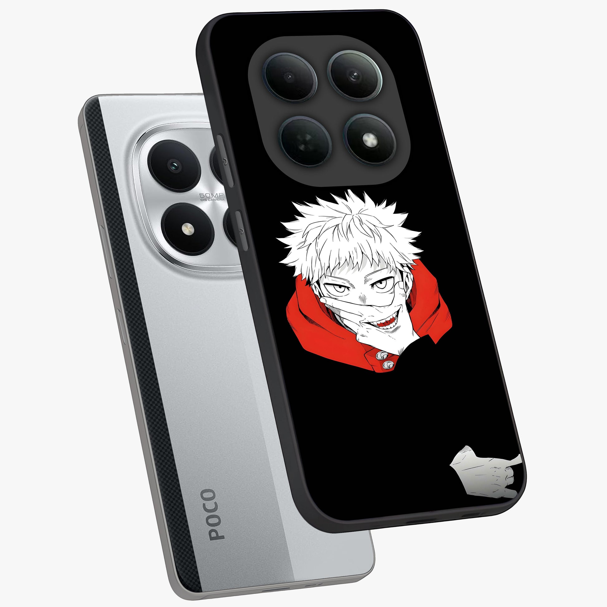Crimson Chaos Smile Glass Case displayed in angled mockup highlighting edgy crimson smile design with graphic aesthetic.